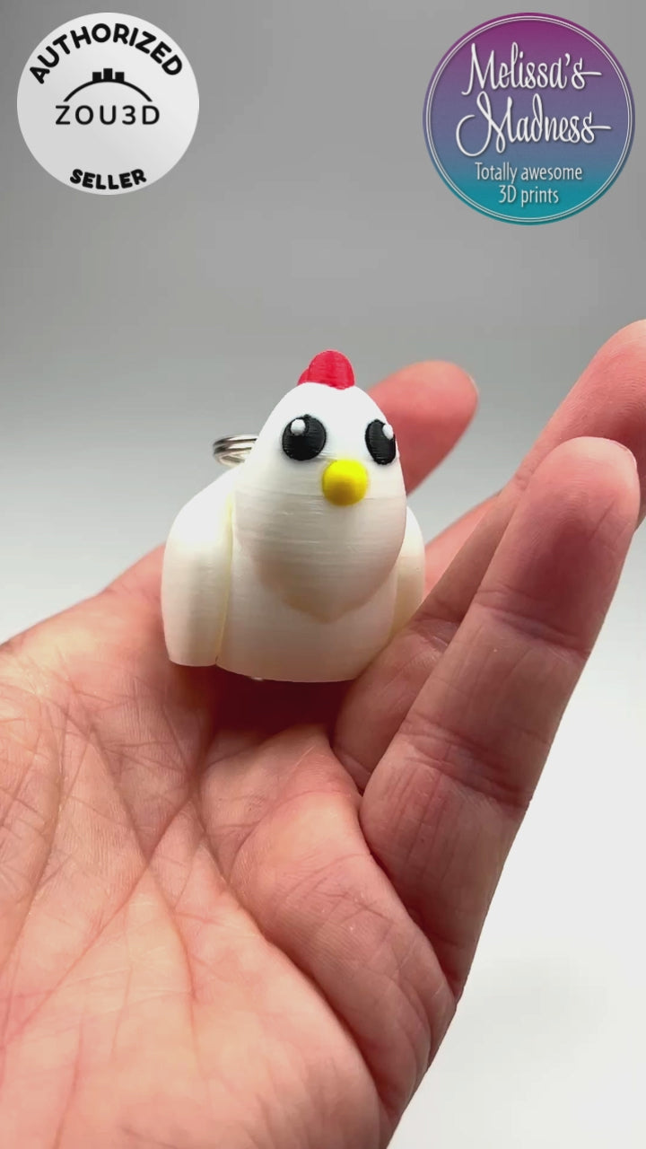 Cute Chicken Chunky Keychain in White Sustainable Bioplastic 3D Printed Collectible Showing Articulation Movement Compostable