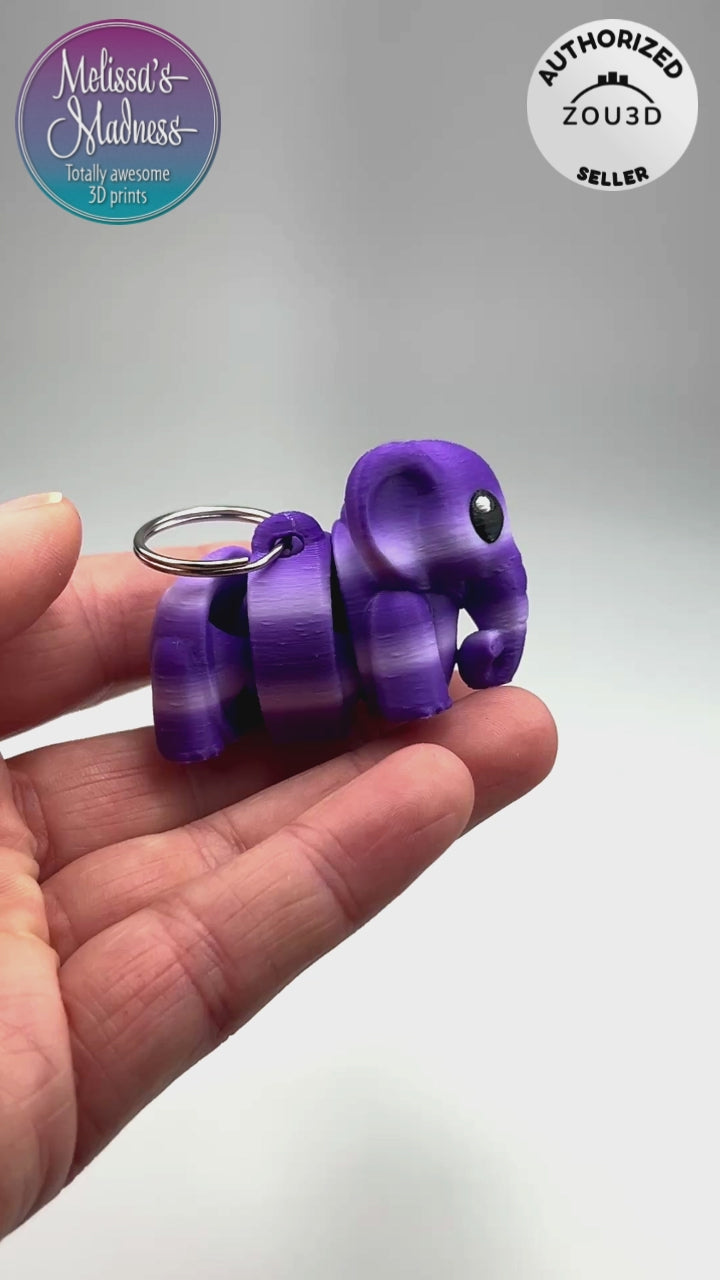 Cute Elephant Chunky Keychain in Purple Gradient Sustainable Bioplastic 3D Printed Collectible Showing Articulation Movement Industrially Compostable